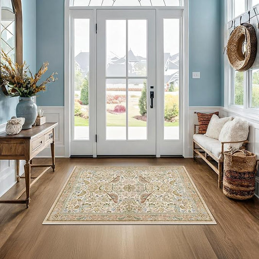 Large Entryway Rugs Indoor - Beige 3x4 Washable Rugs for Kitchen Bedroom Beside Bed Door Mat Indoor Entrance with Vintage Woodland Flowers, Non Slip Stain Resistant Low Pile