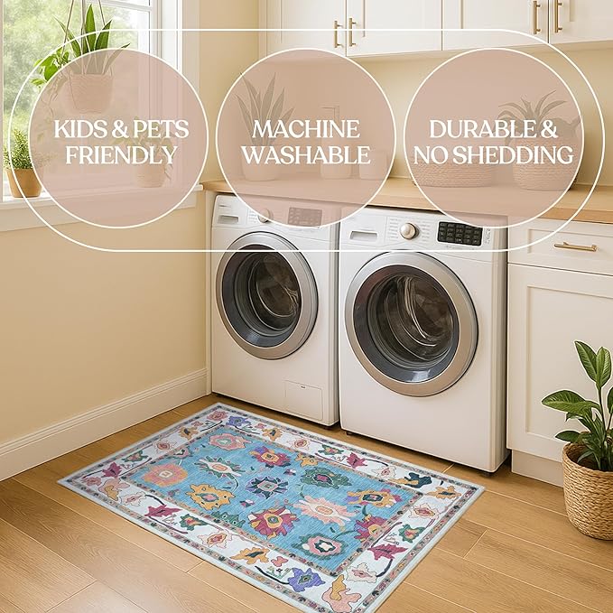 Fame Living Colorful Oushak Rug, Modern, Vintage, Turkish, Eclectic, Floral, Pastel, Washable, Large Area Rugs for Living Room, Dining, Bedroom, Girls, Boys, 7'5"x9'8"