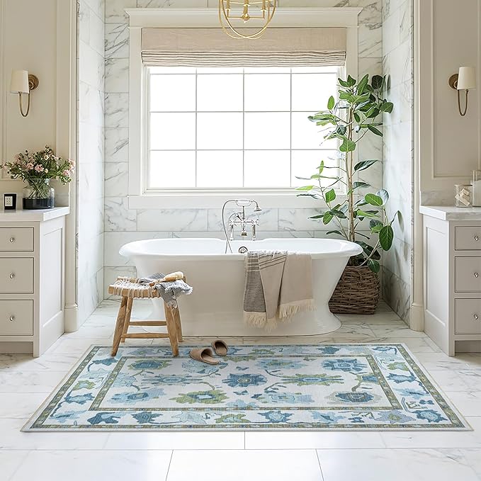 Fame Living Green Oushak Rug, Modern, Vintage, Turkish, Eclectic, Floral, Pastel, Washable, Area Rugs for Living Room, Dining, Bedroom, Nursery, Girls, Boys, 5'9"x8'9"