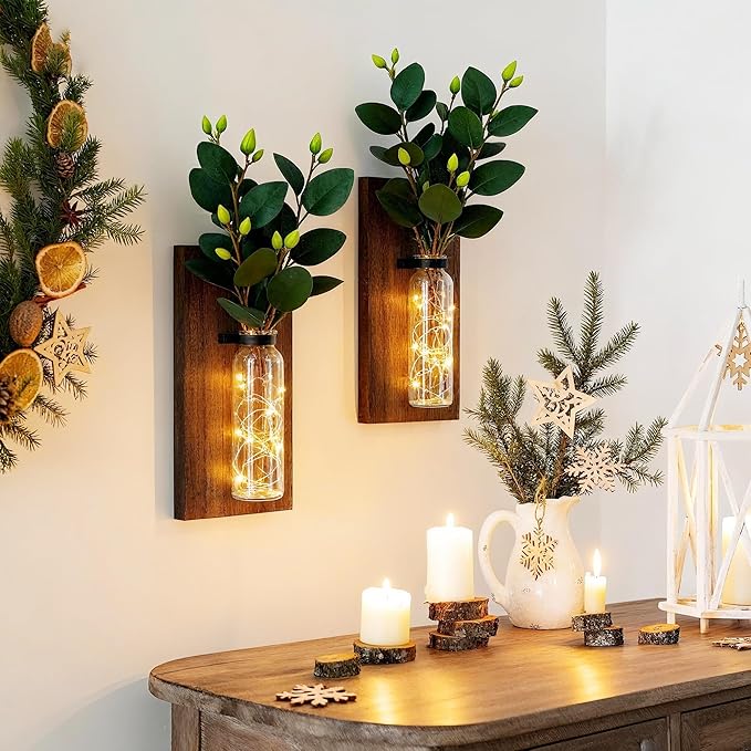 2 Pack Wood Glass Wall Sconces, Farmhouse Planters for Indoor Plants, Rustic Decor for Living Room, Hanging Vase (Brown)