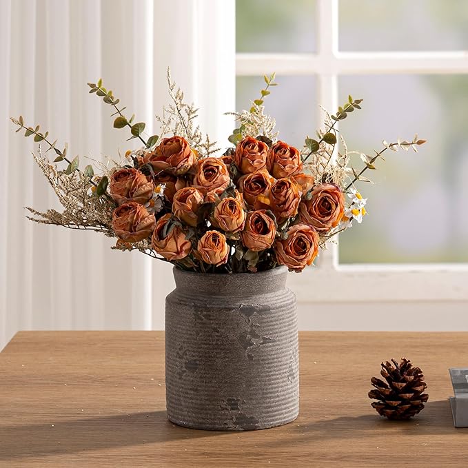 Ceramic Flower Vase 6.5 inch Farmhouse Rustic Vase for Home Decor Handcrafted Pottery Vase Small Terracotta Vases for Dining Table Fireplace Living Room Bathroom Wedding Centerpiece (02-Dark Brown)