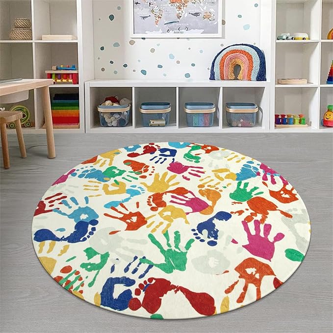 STARUIA Large Round Rug for Classroom, Nursery, Playroom, Kids Bedroom, Toy Room - 6' x 9', Handprint & Footprint Pattern, Vibrant Colors, Non-Slip Rubber Backing, Machine Washable
