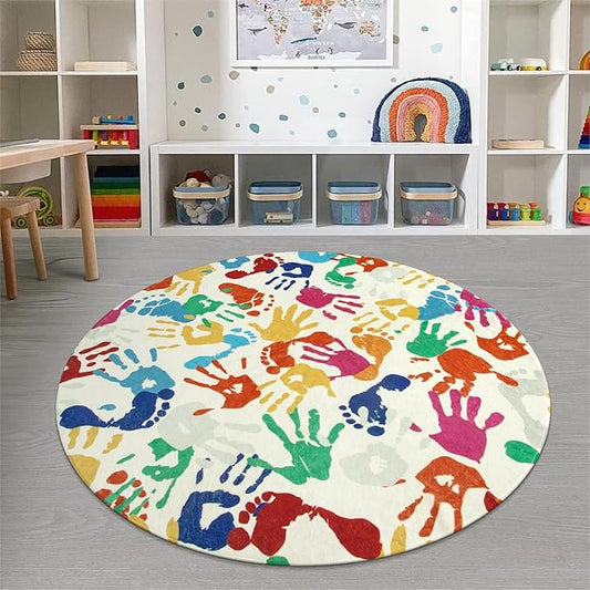 STARUIA Large Round Rug for Classroom, Nursery, Playroom, Kids Bedroom, Toy Room - 6' x 9', Handprint & Footprint Pattern, Vibrant Colors, Non-Slip Rubber Backing, Machine Washable