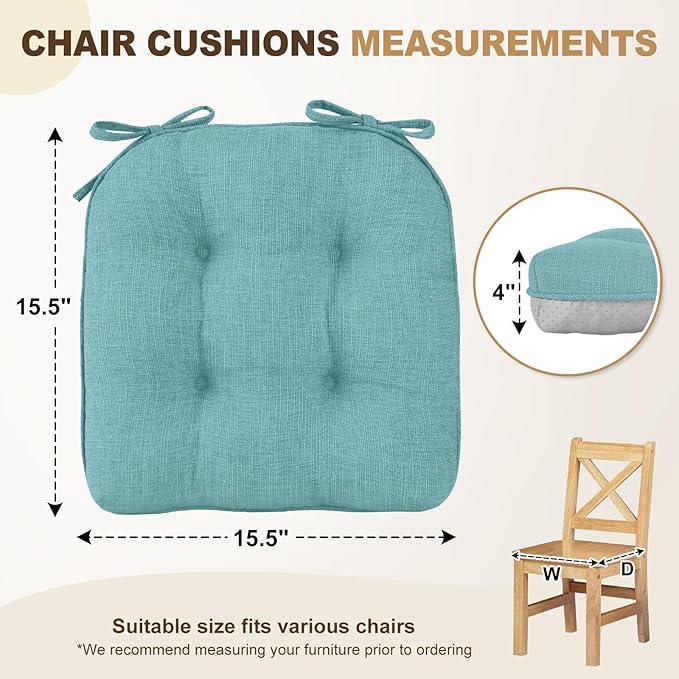downluxe Indoor Chair Cushions for Dining Chairs, Tufted Overstuffed Textured Foam Kitchen Chair Pads with Ties and Non-Slip Backing, 15.5" x 15.5" x 4", Aqua Blue, 4 Pack