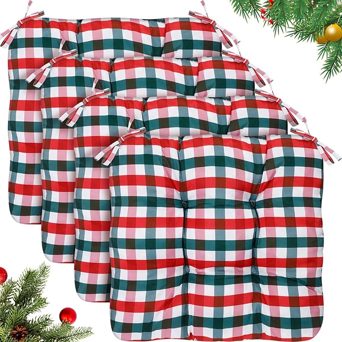 Geetery 4 Pack 4 Pack Chair Cushions for Dining Chair Kitchen Seat Pads with Ties Buffalo Plaid Soft Comfy Square Pads for Home, Outdoor, Patio, Room (Red,Green) (Red,Green)
