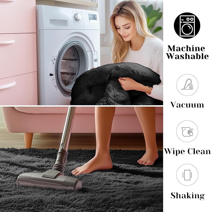 ONASAR Black Rugs for Bedroom, 3x5 Fluffy Bedside Small Area Rug, Washable Soft Plush Fuzzy Shaggy Indoor Floor Carpet for Living Room Nursery College Dorm Teen Kids Girls Boys Home Decor Aesthetic