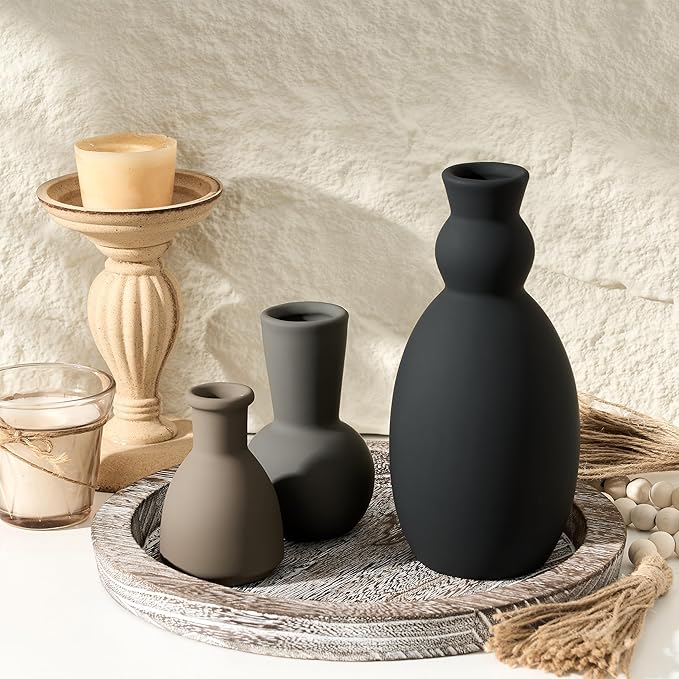 Ceramic Vase Set of 3, Nordic Minimalist Multicolor Vases Home Decor, Rustic Farmhouse Decor Pottery Vases for Bouquet Pampas Grass Dried Fresh Flowers, Living Room, Kitchen, Entryway Mantel, Bedroom