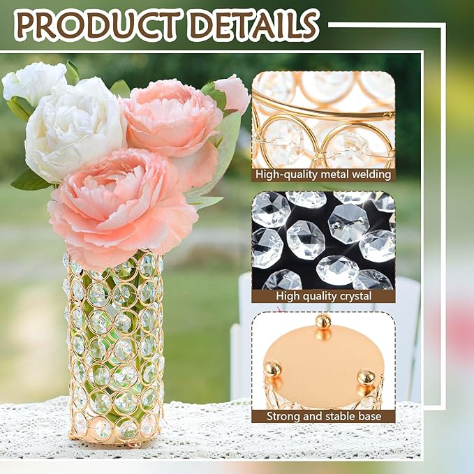 8 Pcs Crystal Metal Vase Centerpiece, 7.9" Cylinder Flower Vase and Hollow-Out Candle Holder for Wedding, Party, Home Table Decor (8, Gold)