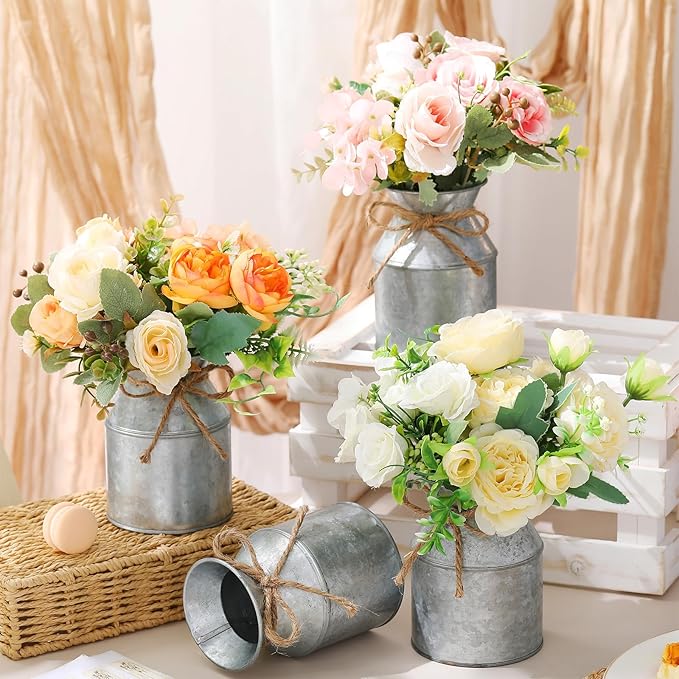 Domensi 5.12 Inch Farmhouse Metal Flower Vase Decor Rustic Galvanized Milk Can Jug Vase with Bow Flower Buckets for Table Centerpiece Fall Halloween Wedding Home Dinging Room Decor(Iron Color,12 Pcs)