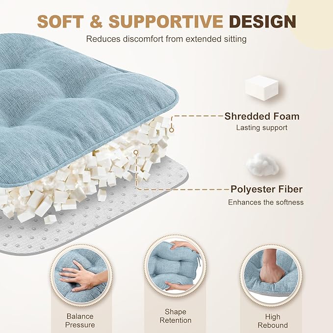 downluxe Indoor Chair Cushions for Dining Chairs, Tufted Overstuffed Textured Foam Kitchen Chair Pads with Ties and Non-Slip Backing, 15.5" x 15.5" x 4", Light Blue, 4 Pack