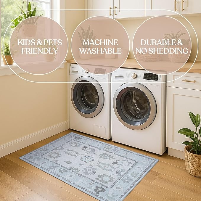 Fame Living Cream Beige Oushak Rug, Modern, Vintage, Turkish, Eclectic, Floral, Pastel, Washable, Area Rugs for Living Room, Dining, Bedroom, Nursery, Girls, Boys, 5'9"x8'9"