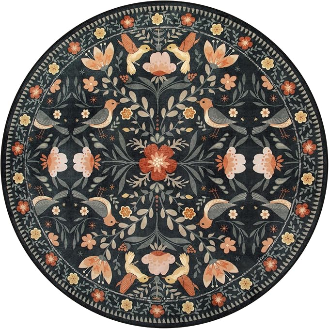 Moynesa Floral Bird Round Rug 6ft Washable Circle Rug Non Slip,Modern Transitional Black Area Rugs for Bedroom Reading Coner,Farmhouse Living Dining Room Aesthetic Carpet Folk Art Home Decor