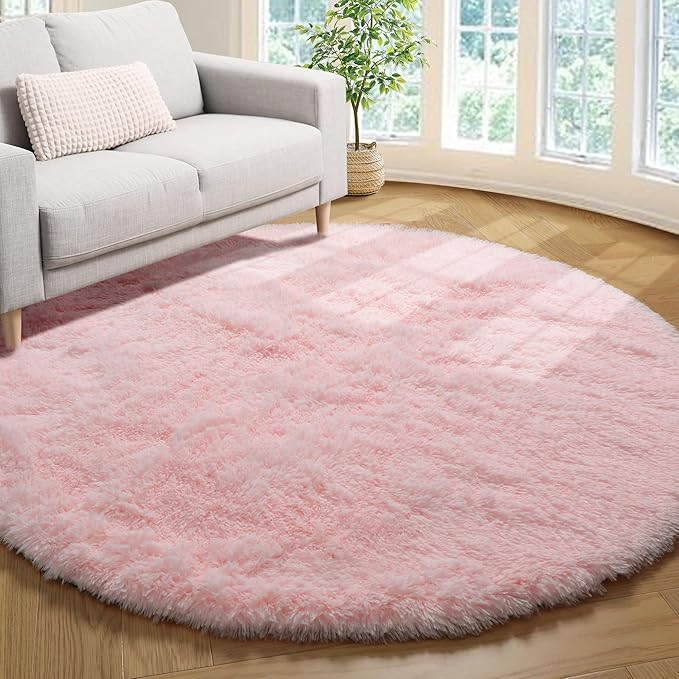 ONASAR Light Pink Round Area Rugs 4ft for Bedroom Living Room, Washable Fluffy Circle Rug for Kids Girls Boys Teen, Soft Plush Shaggy Carpet for Nursery Dorm Classroom Playroom Home Decor Aesthetic