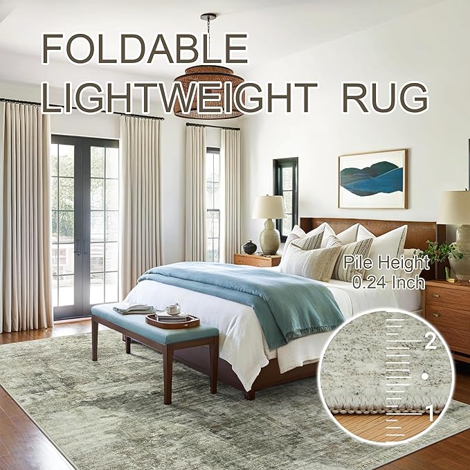 Area Rug 6x9 Abstract Living Room Washable Rugs Green Black Non Slip Low Pile Carpet for Bedroom Dining Room Foldable Thin