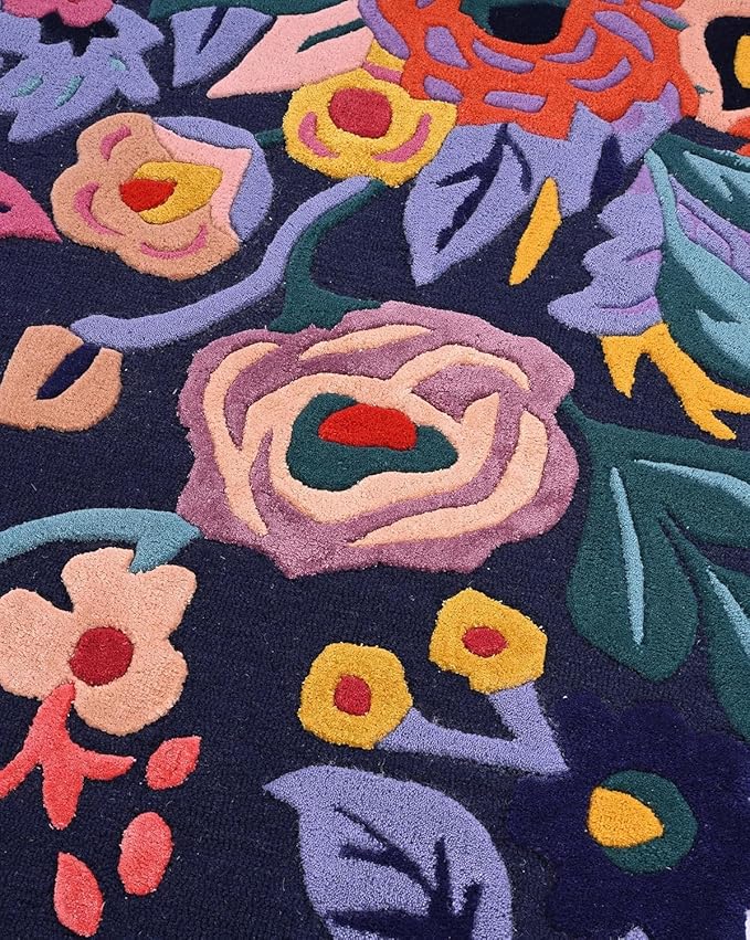 Handmade Irregular Floral Wool Area Rug Vibrant Multicoloured Garden Flower Design Soft Plush Durable Thick Carpet for Living Room Bedroom (Dark Navy Blue, 6 x 9 feet, Feet)