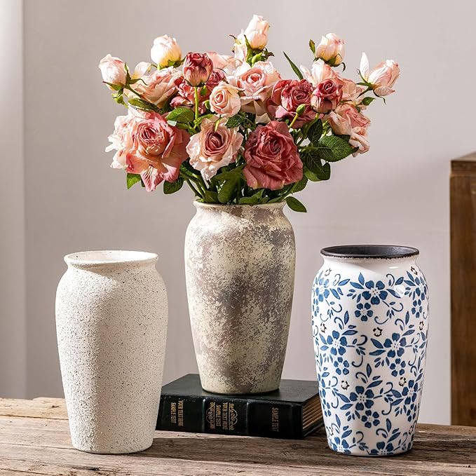 Vintage Ceramic Farmhouse Flower Large Vase, Rustic Terra Cotta Tall Floor Stone Vases, Pottery Decorative Flower Vase for Home Decor, Table, Living Room Decoration, Shelf Decor, Mantel, 9.8 Inch