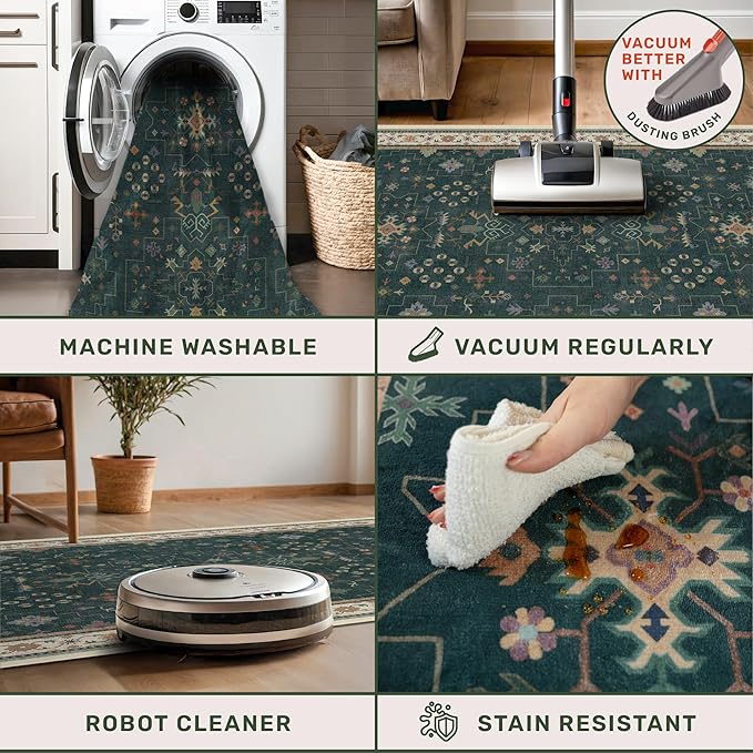 Dark Green Vintage 8x10 Washable Rugs for Living Room - Dark Academia Victorian Floral Geometric Bedroom Rug, Ultra Soft Thin Low Pile Non-Slip Large Rugs for Dining Room Under Table Lounge