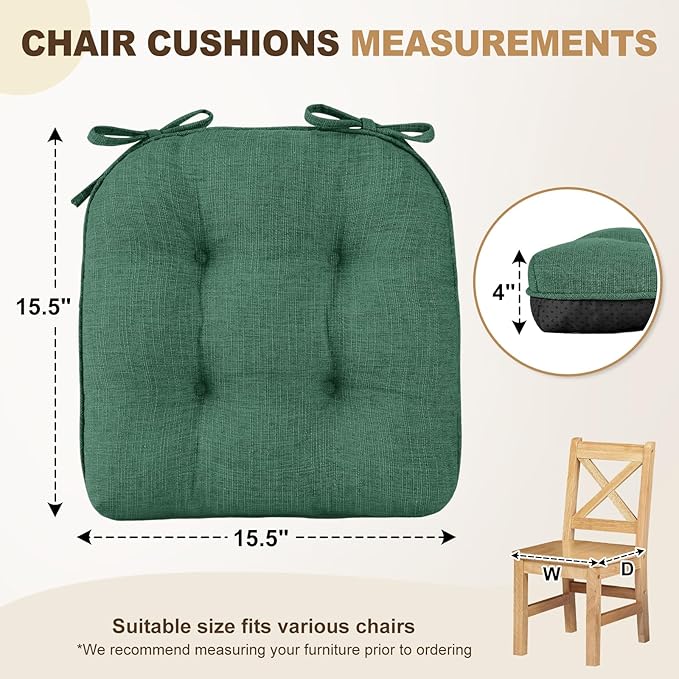 downluxe Indoor Chair Cushions for Dining Chairs, Tufted Overstuffed Textured Foam Kitchen Chair Pads with Ties and Non-Slip Backing, 15.5" x 15.5" x 4", Dark Green, 4 Pack
