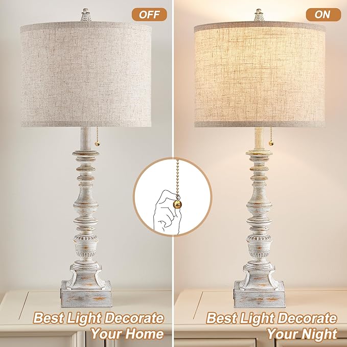 Set of 2 Farmhouse Table Lamps for Living Room, 29.5" Inch Tall Rustic Bedrooms Nightstand Table Lamp with USB-C & USB-A Charging + AC Outlet, Pull Chain Bedside Lamp for End Table, Antique White