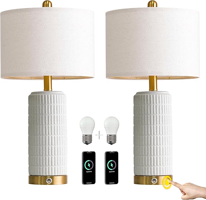PoKat Touch Bedside Table Lamps with USB Ports for Bedroom, 25'' Dimmable Nightstand Touch Lamps for Night Stands, White Stone-Like Ceramic Lamps with Gold Base for Living Room End Side Table