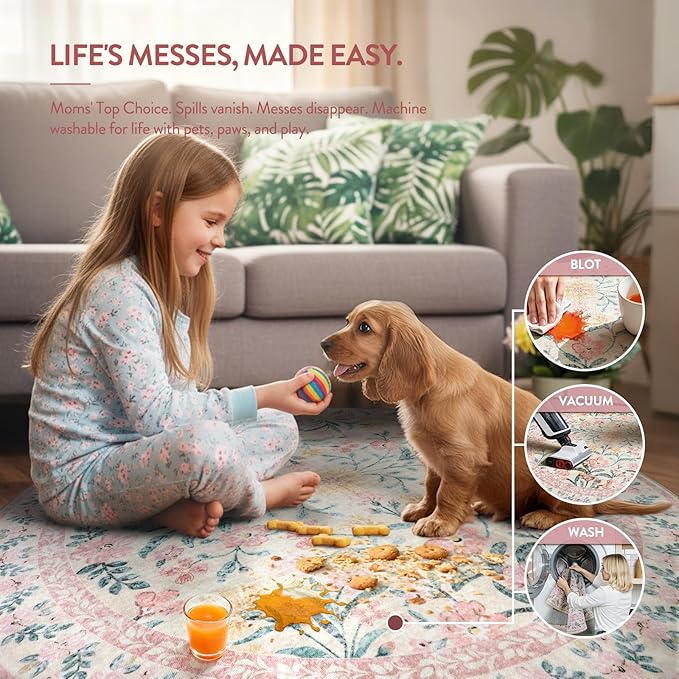 Lahome Pink Floral 6 ft Round Rug, Soft Cozy Circle Rug for Tween Girls Bedroom Decor, Machine Washable Nursery Carpet with Non-Slip Backing for Retreat or Reading Nook