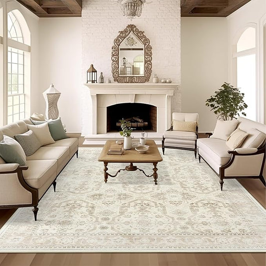 8x10 Area Rugs, Washable Rugs, Large Stain Resistant Beige Area Rug for Living Room Bedroom Dining Room, Vintage Farmhouse Rug
