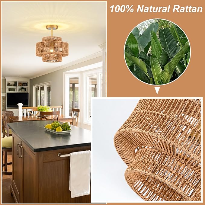 1-Light Rattan Ceiling Light Fixture, 12.4" Semi Flush Mount Boho Ceiling Light, Wicker Light Fixture with 3-Tier Hand-Woven Drum Shade, Farmhouse Rattan Chandelier for Dining Room Living Room Bedroom