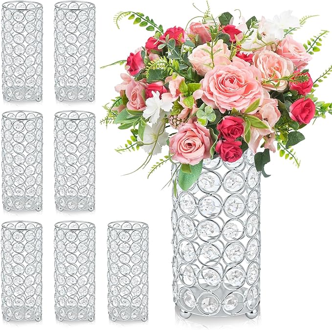 8 Pcs Crystal Metal Vase Centerpiece, 7.9" Cylinder Flower Vase and Hollow-Out Candle Holder for Wedding, Party, Home Table Decor (8, Silver)