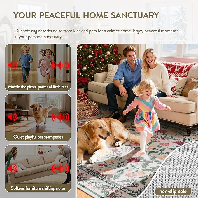 Lahome Christmas Round Rug 5ft, Washable Botanical Christmas Dining Room Decor for Under Table, Whimsical Holly Berries Circle Mats for End of Bed Coffee Table