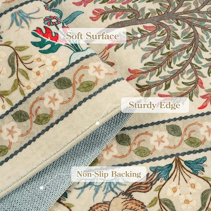 OJIA 8x10 Area Rugs for Living Room Bedroom Large Washable Rugs, Thin Boho Beige Nursery Rug Non-Shedding Kids Playroom Rug Floral Stain Resistant Large Carpet Accent Rugs for Dining Farmhouse