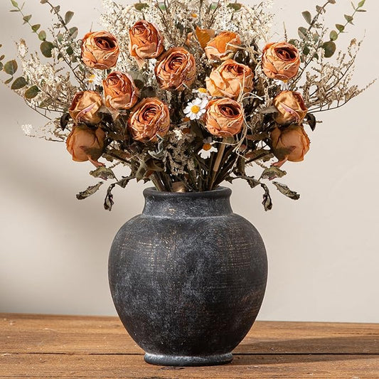 Ceramic Rustic Vase, 6 Inch Small Flower Farmhouse Vase Decorative Vase Short Pottery Vases for Home Decor Table Living Room Entryway Mantel Bookshelf Bedroom Bathroom Kitchen - Black