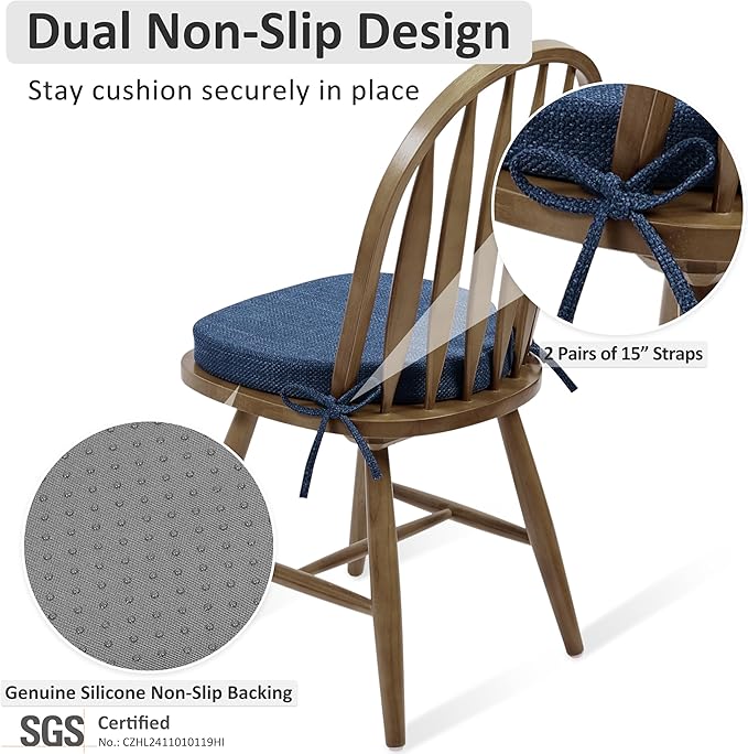 Shinnwa Kitchen Chair Cushions Set of 2, High-Resilience Foam Windsor Seat Pads, Dining Chair Cushions with Ties & Textured Cover, 2 Pack, 16.5 x 15.5 x 2, Navy Blue