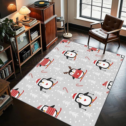Penguin Rug for Bedroom - 4x6 Rug, Christmas Tree Living Room Rugs, Penguin Bedroom Rugs, Cartoon Xmas Penguins Carpet, Xmas Girls Boys Kids Home Decor & Gifts