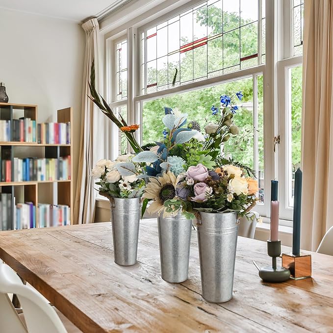 Bokon 32 Pack 9 Inch Flower Bucket Bulk, Galvanized Metal Vases, Rustic Vintage Flower Vases with Handles, Tall Farmhouse Planter Pails Buckets for Wedding Centerpieces, Party Decoration, DIY Craft