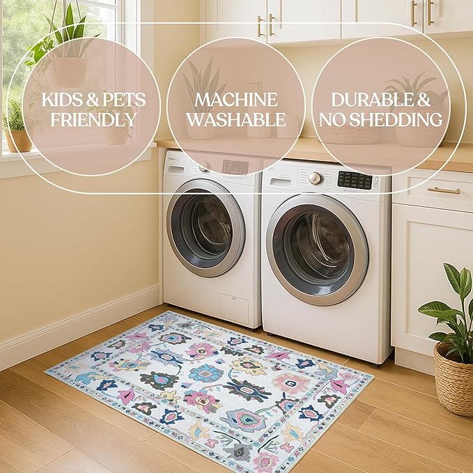 Fame Living Colorful Oushak Rug, Modern, Vintage, Turkish, Eclectic, Floral, Pastel, Washable, Area Rugs for Living Room, Dining, Bedroom, Nursery, Girls, Boys, 5'9"x8'9"