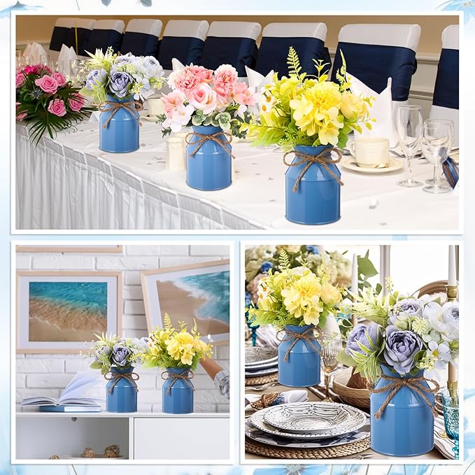 Domensi 5.12 Inch Farmhouse Metal Flower Vase Decor Rustic Galvanized Milk Can Jug Vase with Bow Flower Buckets for Table Centerpiece Fall Halloween Wedding Home Dinging Room Decor(Blue,6 Pcs)