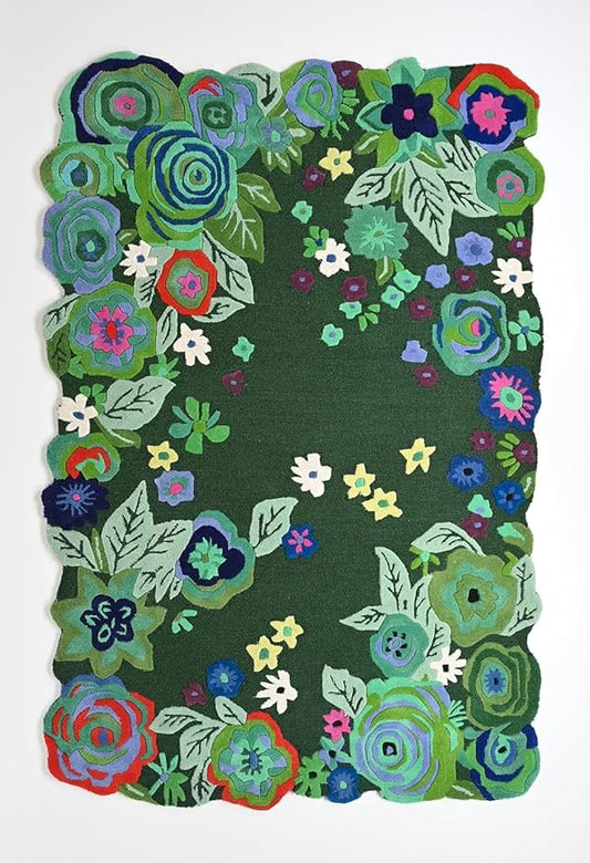 Handmade Irregular Floral Wool Area Rug Vibrant Multicoloured Garden Flower Design Soft Plush Durable Thick Carpet for Living Room Bedroom (Dark Green, 6 x 9 feet, Feet)