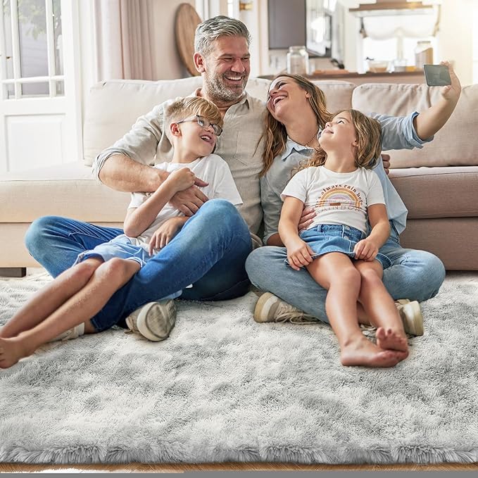 OPPODREAM Round Rugs 4ft for Play Room, Ultra Soft Circle Rug for Bedroom, 4 ft Fluffy Kids Carpet with 0.4" Thick Non-Slip Backing, Long Pile Shag Carpet, Fuzzy, Shaggy, Tie-dye Light Grey & Grey