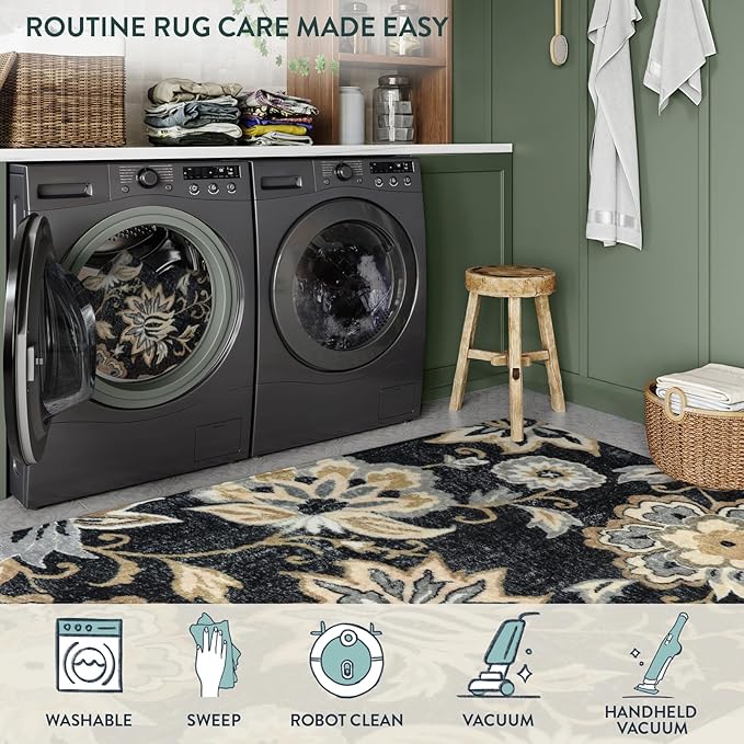 Lahome Floral Black Round Rugs - 3Ft Washable Round Area Rug Non-Slip Small Entryway Throw Soft Bedroom Circle Carpet Paisley Print Accent Distressed Circular Mat for Bathroom Sofa Living Room