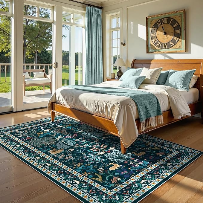 OJIA Living Room Rug 5x7 Area Rug, Soft Washable Rugs for Bedroom Ultra-Thin Non-Slip Floral Animal Print Carpet Stain Resistant Nursery Rug for Kids Playroom Classroom Dining Room, Blue