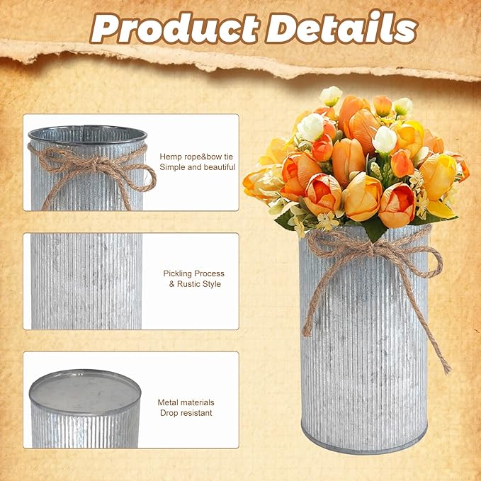 6" High Vase Centerpiece for Table, Rustic Farmhouse Mason Jars with Twine Bow, Vintage Galvanized Metal Flower Container for Wedding Home Decor (Silver, 12Pcs)