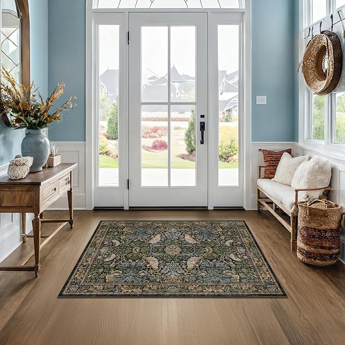 Large Entryway Rugs Indoor - 3x4 Washable Rugs for Kitchen Bedroom Beside Bed Door Mat Indoor Entrance with Moody Woodland Flowers, Non Slip Stain Resistant Low Pile