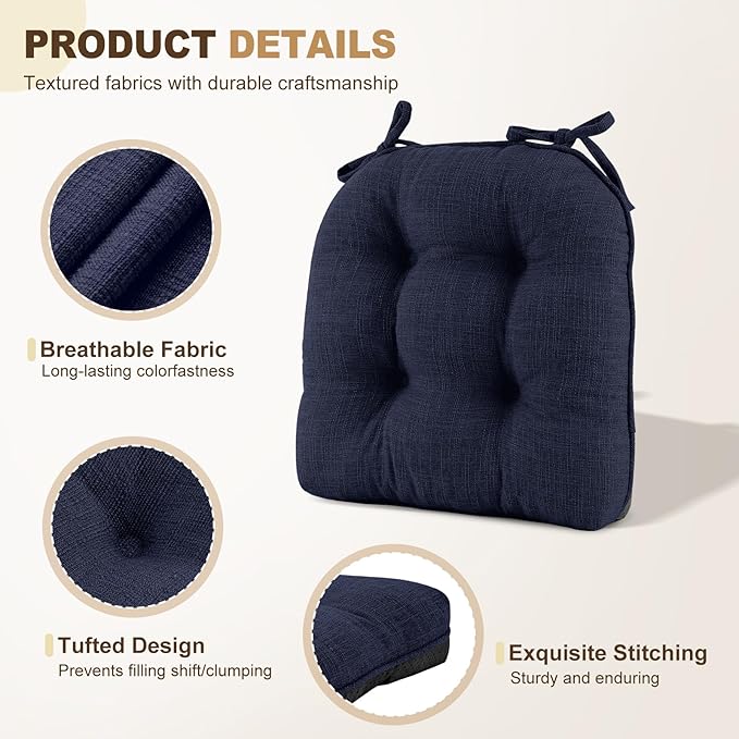 downluxe Indoor Chair Cushions for Dining Chairs, Tufted Overstuffed Textured Foam Kitchen Chair Pads with Ties and Non-Slip Backing, 15.5" x 15.5" x 4", Navy, 4 Pack