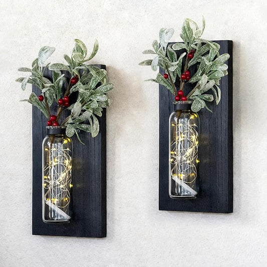 2 Pack Wall Planters for Indoor Plants, Wood Glass Decor for Bathroom, Bedroom Living Room, Modern Farmhouse Wooden Pocket Wall Vases for Dried Flowers and Plastic Plants (Black)