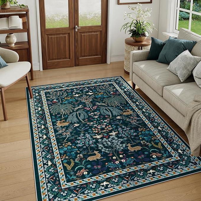 OJIA Living Room Rug 5x7 Area Rug, Soft Washable Rugs for Bedroom Ultra-Thin Non-Slip Floral Animal Print Carpet Stain Resistant Nursery Rug for Kids Playroom Classroom Dining Room, Blue