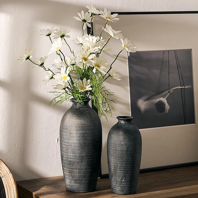 Ceramic Vases for Home Decor, Black Bronze Ceramic Vase Set of 2, Vintage Minimalist Decorative Vase for Table Centerpiece Dining Living Room Office House Nightstand Fireplace Decoration