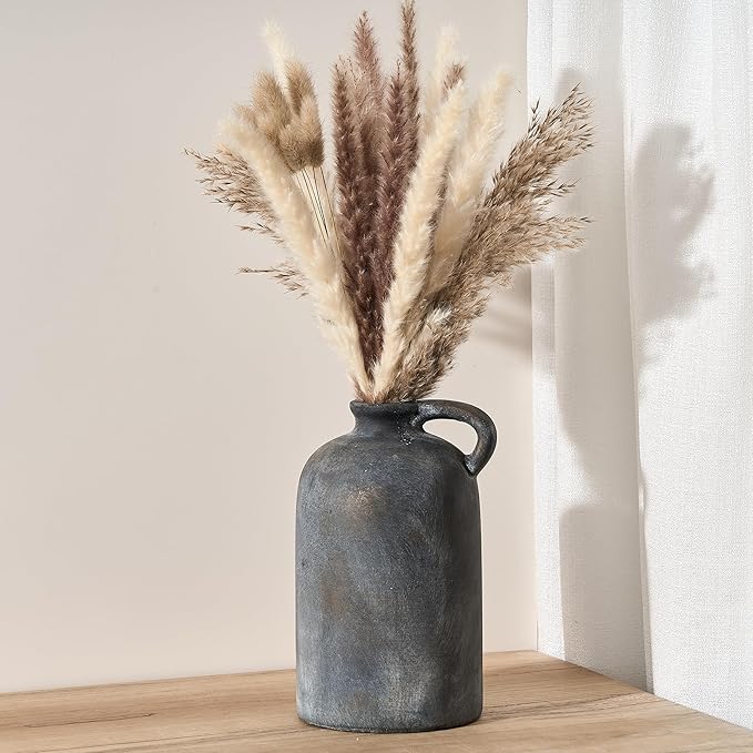 Ceramic Rustic Vase for Home Decor, Terracotta Vase with Handle, Handcrafted Vintage Decorative Flower Vase for Farmhouse, Living Room, Table, Fireplace, Nightstand - Black Bronze