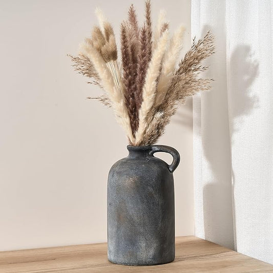 Ceramic Rustic Vase for Home Decor, Terracotta Vase with Handle, Handcrafted Vintage Decorative Flower Vase for Farmhouse, Living Room, Table, Fireplace, Nightstand - Black Bronze