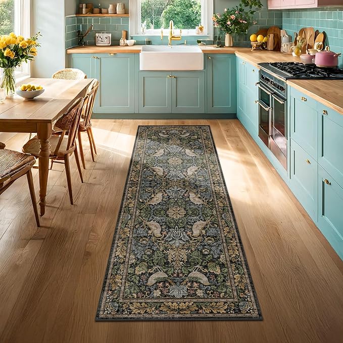 Floral Kitchen Runners - 2x6 Runner Rug for Hallway Bathroom Laundry Room Bedroom Beside Bed Entryway, Boho Birds Leaves Patterned Non Slip Low Pile Washable Rugs