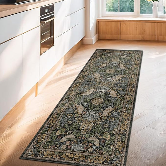 Floral Kitchen Runners - 2x6 Runner Rug for Hallway Bathroom Laundry Room Bedroom Beside Bed Entryway, Boho Birds Leaves Patterned Non Slip Low Pile Washable Rugs
